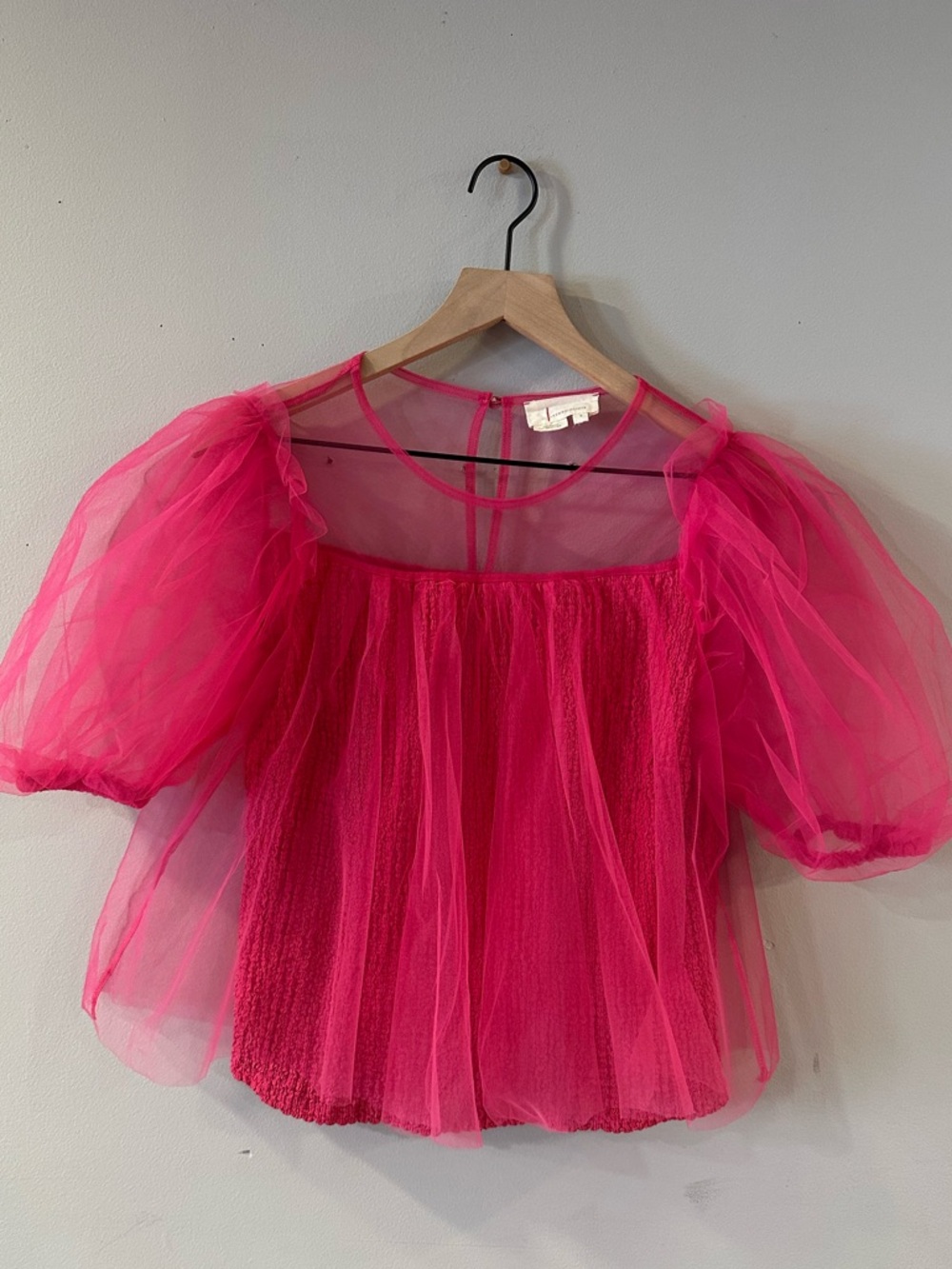 Anthropologie Hot Pink Tulle Babydoll Puff Sleeve Top - Picture 4 of 7